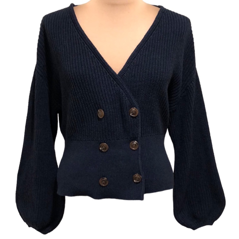 Billie The Label RevolveCardigan Size XS Blue Double Breasted Lantern Sleeve